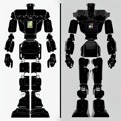 Prompt: “Front and back full body full height | sleek futuristic biped mecha | super high resolution photo | White background | Front and rear | Orthographic engineering diagram.”