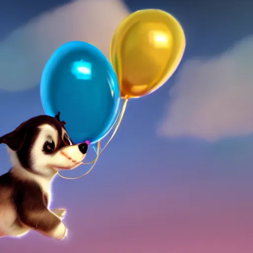 Image similar to puppy flying holding balloons, 8k, fantasy, intricate, cinematic lighting, highly detailed, digital painting, artstation, concept art, smooth, sharp focus, illustration, by Pixar