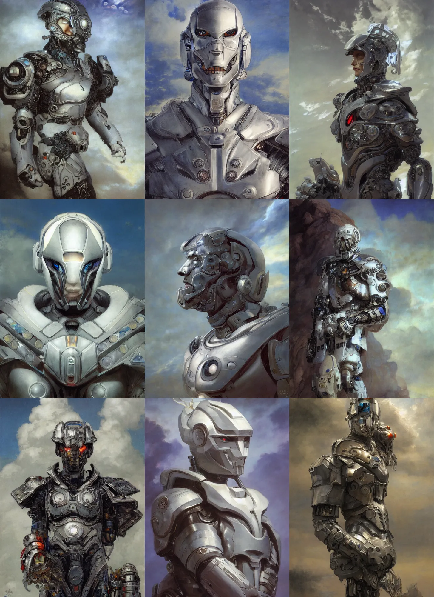 Prompt: portrait of epic anthropomorphic white cyborg neon armor, in clouds, cinematic studio light, windy, sunrise, by gerald brom, by mikhail vrubel, by peter elson, muted colors, extreme detail, trending on artstation