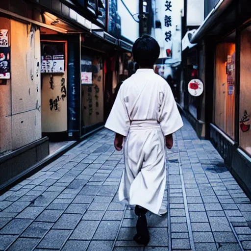 Prompt: anime boy dressed in a traditional Japanese uniform walking down a Shibuya street by Makoto Shinkai