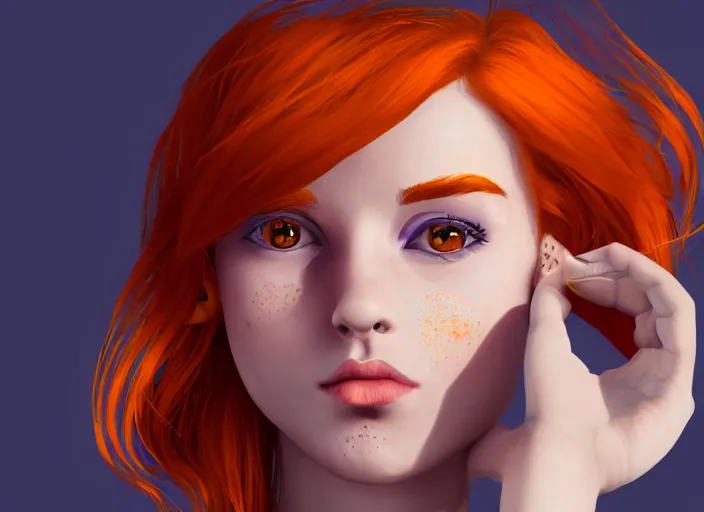 Image similar to portrait Girl with orange hair and freckles, purple background, cute-fine-face, pretty face, fine details. realistic shaded lighting by disney style,