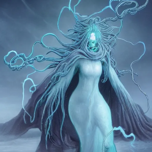 Image similar to concept designs for an ethereal ghostly wraith like figure with a squid like parasite latched onto its head and long tentacle arms that flow lazily but gracefully at its sides like a cloak while it floats around a frozen rocky tundra in the snow searching for lost souls and that hides amongst the shadows in the trees, this character has hydrokinesis and electrokinesis for the resident evil village video game franchise with inspiration from the franchise Bloodborne and the mind flayer from stranger things on netflix in the style of a marvel comic