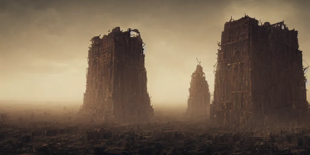 Image similar to tower!!!!!!!!, towers!!!!!!!!, babel, babylon, derelict, tall, ancient, atmospheric, beautiful, concept art, desert, civilisation, artstation, hazy, matte painting, highly detailed, volumetric lighting, rays, moody, golden hour, dawn, octane render, digital art, global illumination, city, burning