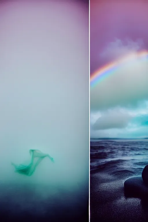 Image similar to high quality pastel coloured film close up wide angle photograph of a model wearing clothing swimming on cloud furniture in a icelandic black rock!! environment in a partially haze filled dreamstate world. three point light, rainbow. photographic production. art directed. pastel colours. volumetric clouds. pastel gradient overlay. waves glitch artefacts. extreme facial clarity. 8 k. filmic.