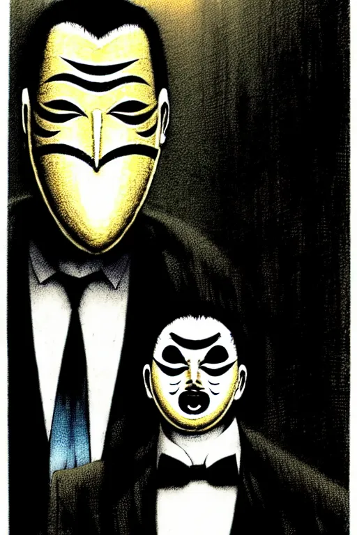 Prompt: businessman wearing a noh mask shishiguchi and pinstripe suit, menacing, character art by tim bradstreet