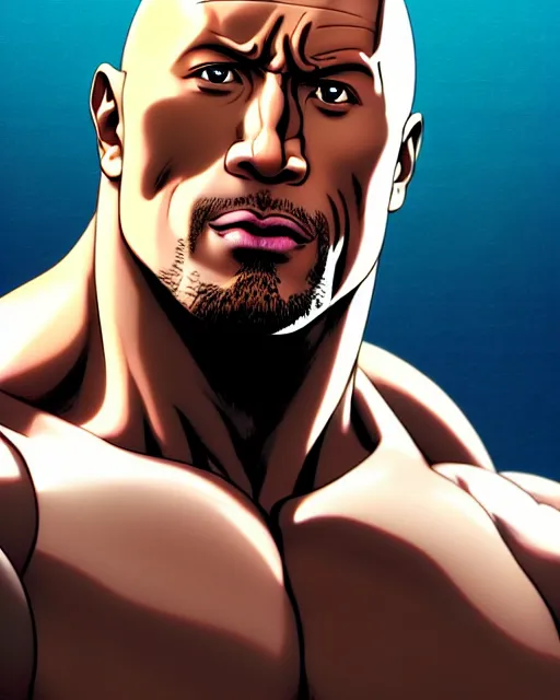 Image similar to portrait Anime man as Dwayne Johnson. fine-face, pretty face, realistic shaded Perfect face, fine details. Anime. realistic shaded lighting by Ilya Kuvshinov katsuhiro otomo ghost-in-the-shell, magali villeneuve, artgerm, rutkowski, WLOP Jeremy Lipkin and Giuseppe Dangelico Pino and Michael Garmash and Rob Rey in official suit