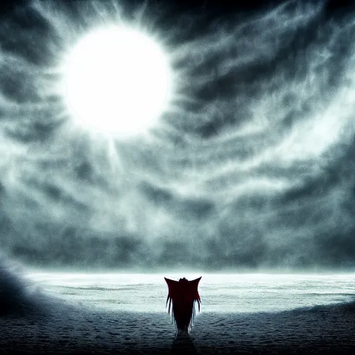 Image similar to berserk eclipse scene in the beach, dark, fear, high detail, clean, red, eclipse, beach, blood, wallpaper, high quality,