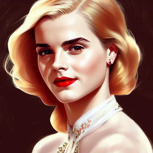 Image similar to A combination of Grace Kelly's and Emma Watson's faces with blonde hair and red lipstick, western, D&D, fantasy, intricate, elegant, highly detailed, digital painting, artstation, concept art, matte, sharp focus, illustration, art by Artgerm and Greg Rutkowski and Alphonse Mucha