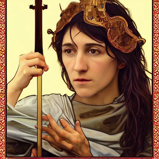 Image similar to portrait of charlotte gainsbourg as joan of arc, hyperreal digital painting, iconography influenced by alphonse mucha and eugene delacroix, arstation and deviantart trends, high resolution 8 k