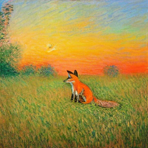 Image similar to a painting of a fox sitting in a field at sunrise in the style of claude monet
