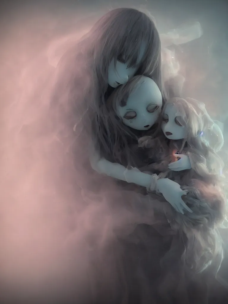 Image similar to cute fumo plush of a cursed frail witch girl held tight in the arms of a translucent ghost mother, hugging and cradling, anime, eerie pretty melting volumetric smoke and fog, dark environment map pbr reflective stormy water, gothic maiden, bokeh, vignette, vray