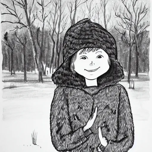 Prompt: a black and white ink drawing of a freckled ten year old girl named lucy in winter fur park and and a fur hat ( ( waving ) ), ( ( ( ( smiling ) ) ) )