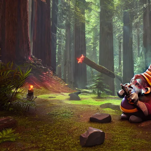 Prompt: a alchemist gnome buffing his gnome allies in a redwood forest, unreal engine, octane render, realistic, matte painting, masterpiece