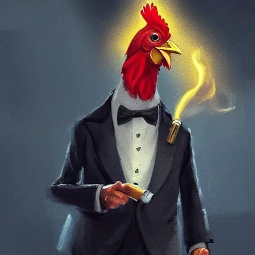 Image similar to a chicken wearing a suit smoking a cigar, dramatic lighting, cinematic, establishing shot, extremly high detail, photorealistic, cinematic lighting, artstation, style by James Gurney