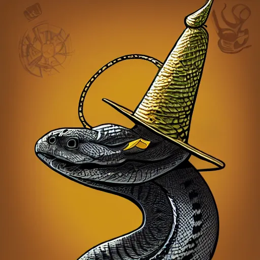 Prompt: Portrait of a cobra snake with a wizard hat, digital art, magic the gathering artwork, fantasy, trending on artstation, heroic pose, illustration, highly detailed, simple, smooth and clean vector curves, 8k