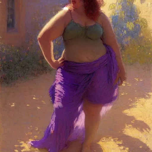 Prompt: a woman in a purple shirt with an obese body type, painting by Gaston Bussiere, Craig Mullins