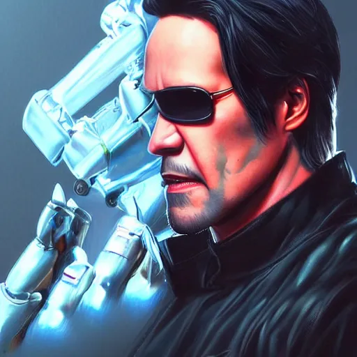 Prompt: an image of full body of T-800 from Terminator and Keanu Reeves combined by Artgerm, digital art, artstation