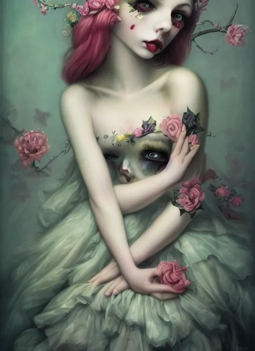 Image similar to pop surrealism, lowbrow art, realistic cute seductive alice girl painting, romantic gown, hyper realism, muted colours, rococo, natalie shau, loreta lux, tom bagshaw, mark ryden, trevor brown style,