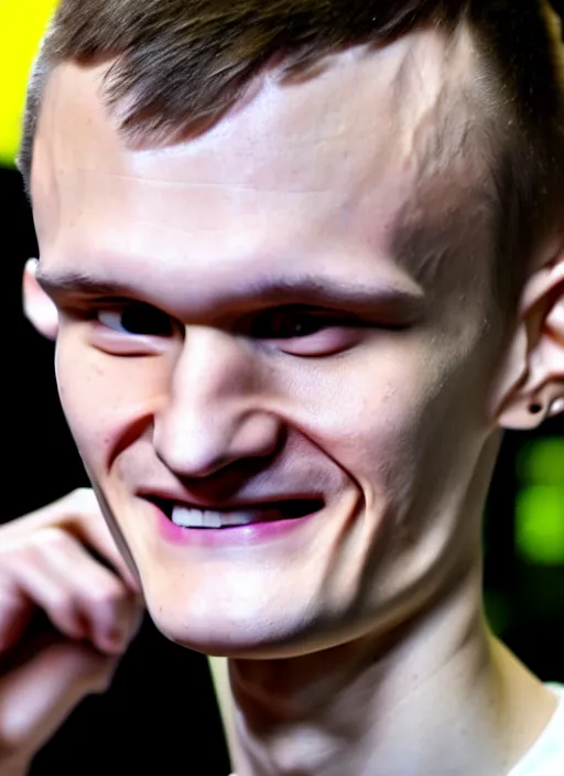 Prompt: vitalik buterin in headphones. vitalik buterin, close up, perfect symmetric face, coherent eyes, pixar, disney, beautiful smiling face, high detail, very sharp, 4 k