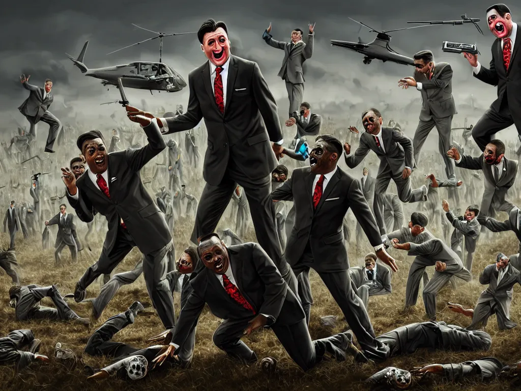 Image similar to one Comedian in suit and tie performing in a battle-field with dead bodies on the ground, comedian is funny, performing to dead soldiers, nuclear bomb in far horizon, apocalypse, trending on artstation, artstationHD, hyperdetailed matte painting, highly detailed, digital painting, hyper-realistic, realistic, photo-realistic