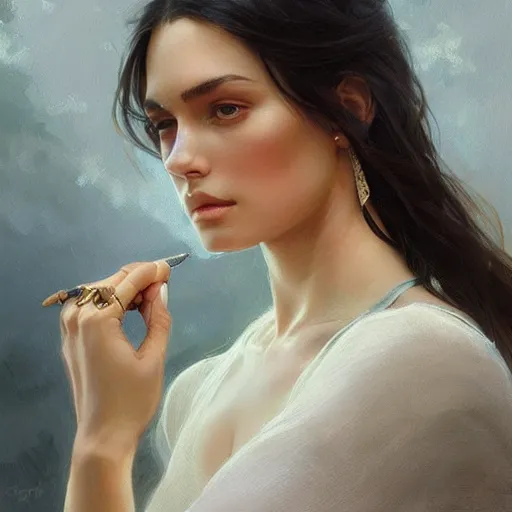 Prompt: Australian Supermodel, olive skin, long dark hair, beautiful bone structure, intricate, elegant, highly detailed, digital painting, artstation, concept art, smooth, sharp focus, illustration, art by artgerm and greg rutkowski and alphonse mucha