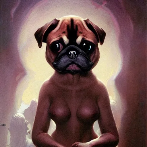 Image similar to head and shoulders vogue photo portrait of a pugalier anthropomorphic dog, d & d, fantasy, greg rutkowski, frank frazetta, alexandre chaudret, boris vallejo, michael whelan, miro petrov, hr giger, magali villeneuve, donato giancola