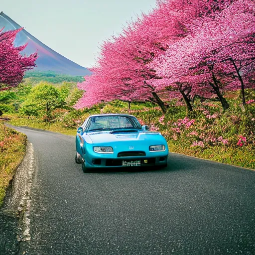 Image similar to a jdm mazda rx 7 driving by mount fuji early in the morning with a few blossom trees around, high quality photo