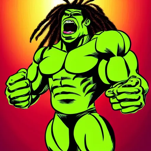 Image similar to black hulk with dreadlocks, cartoon drawing, meme