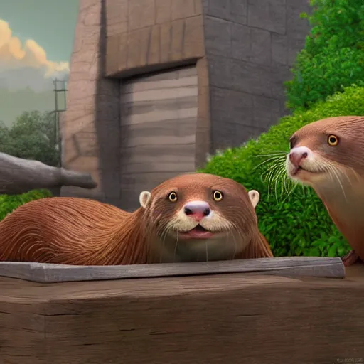 Image similar to character set, concept art, otters playing, 3 d render, pixar, dreamworks,