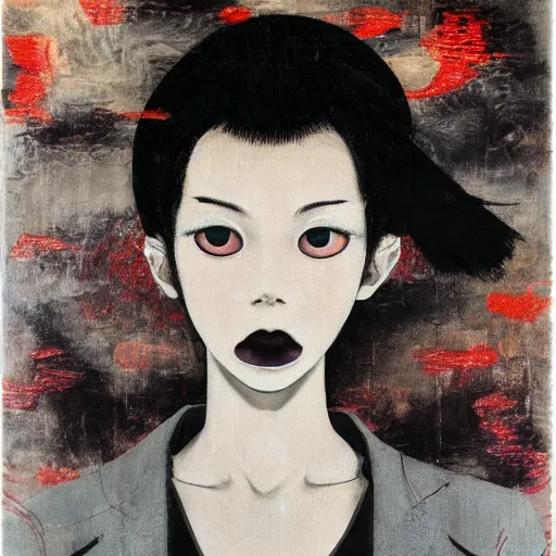 Image similar to yoshitaka amano blurred and dreamy minimalistic oil portrait of a young woman with black lipstick and black eyes wearing dress suit with tie, junji ito abstract patterns in the background, satoshi kon anime, noisy film grain effect, highly detailed, renaissance oil painting, wide brush strokes, weird portrait angle, blurred lost edges