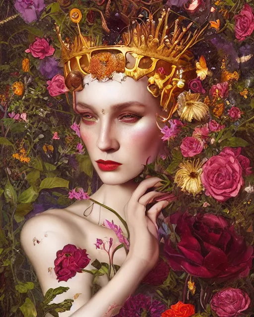 Image similar to portrait of the queen of the underworld, surrounded by flowers by karol bak, james jean, tom bagshaw, rococo, trending on artstation, cinematic lighting, hyper realism, octane render, 8 k, hyper detailed.