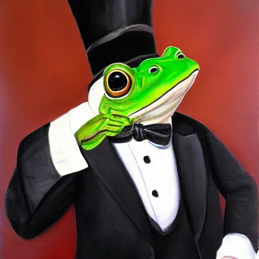 Prompt: a frog in a tuxedo with a top hat smoking a pipe, oil painting, portrait