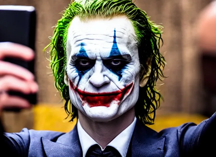 Prompt: film still of the joker taking a selfie in the new batman movie, 4 k, highly detailed face, detailed eyes