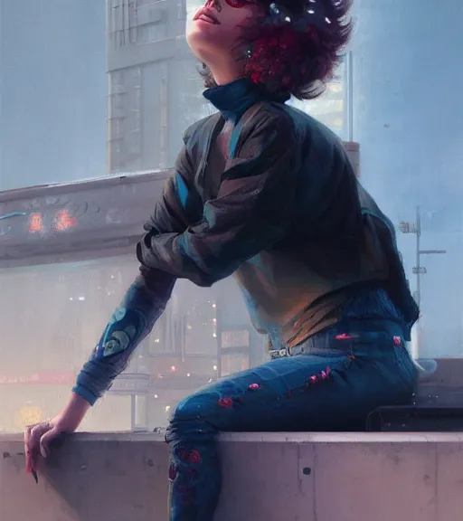 Prompt: girl sitting on a rooftop, cyberpunk, medium shot, realistic detailed face, wearing a shirt, by charlie bowater, by wlop, by jeremy lipking, expressive oil painting, portrait, digital art, photorealistic model shoot, realistic body