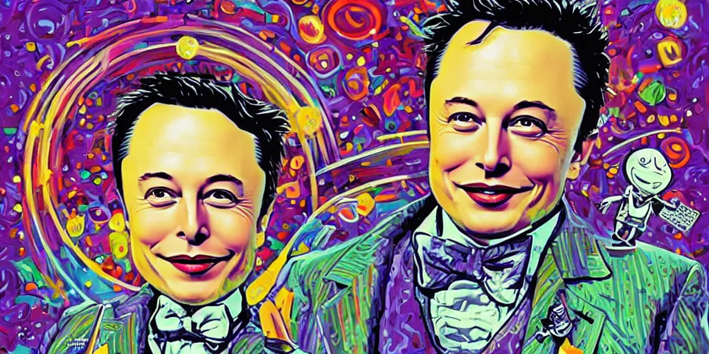 Image similar to Elon Musk as Willy Wonka, created by Jeremiah Ketner