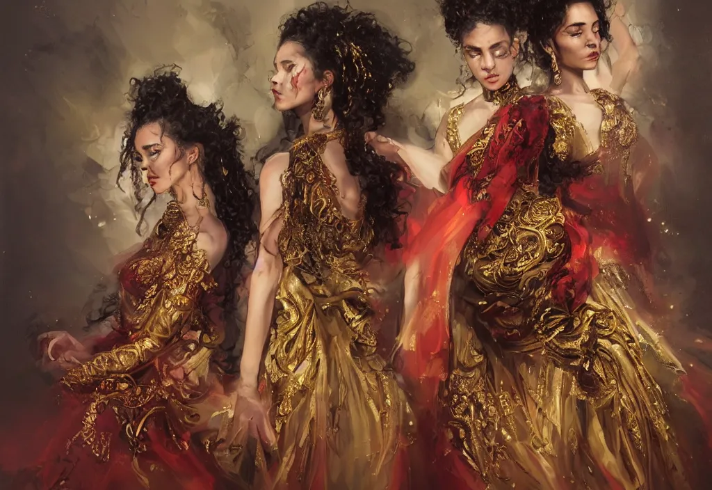 Image similar to full body portrait of a trio of 1 9 years old girl figures, curly messy high bun hairstyle, oriental tattoos, jeweled ornament over forehead, subject wearing a gold and black high fashion gown, flowing, ornate, beautiful, dramatic earth colors, with few fire red highlights, by jeremy mann and greg rutkowski, trending on artstation, oil on canvas