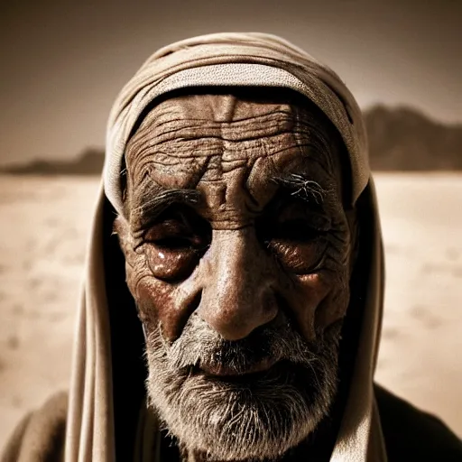 Image similar to award winning cinematic still portrait of distraught 85 year old Mediterranean skinned man in Ancient Canaanite clothing, crying with dark silhouette of a lamb on their face, beard, short hair, Just before sunrise. Desert mountain background. sad, depressed, lonely, Biblical epic directed by Steven Spielberg