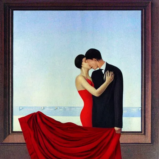 Prompt: a woman in a red dress kissing a man in a suit with both of them having a blanket completely covering their heads, rene magritte style