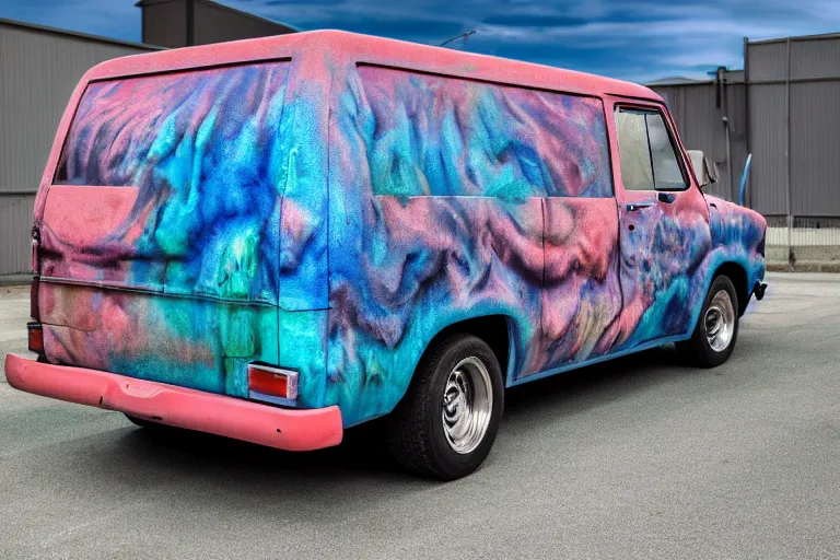 Image similar to a wide shot photo of a dark blue metallic 1 9 7 2 chevy g 1 0 panel van parked in a garage with an awesome airbrushed scene of a monster made of colorful coral reef emerging from the sea, 8 0 s synthwave, airbrushed, trapper keeper, lightning, explosions, creature design, monster, dinosaur, sony 2 4 mm f 8. 0