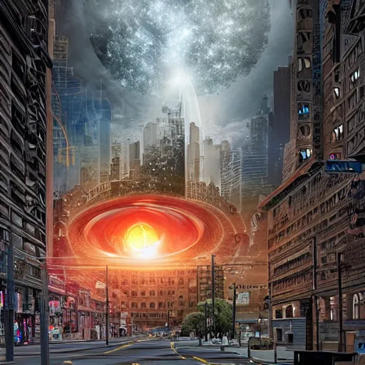 Image similar to black hole rising above city, city destroyed by shockwave, black hole with accretion disс, digital art, art by gonzalo fuenmayor, asher brown durand