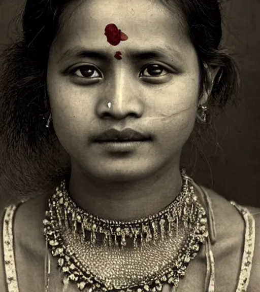 Image similar to vintage_closeup portrait_photo_of_a_stunningly beautiful_nepalese_woman with amazing shiny eyes, 19th century, hyper detailed by Annie Leibovitz