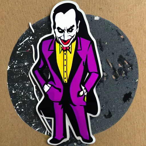 Image similar to die cut sticker, saul goodman wearing the joker suit, splatter paint