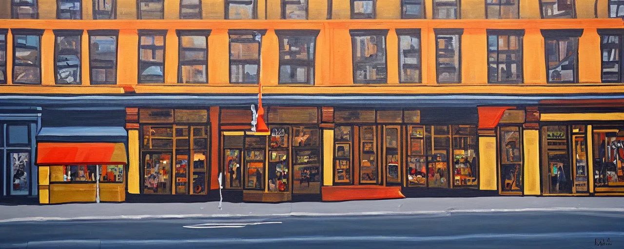 Image similar to painting of a building facade. storefronts. city block. new york.