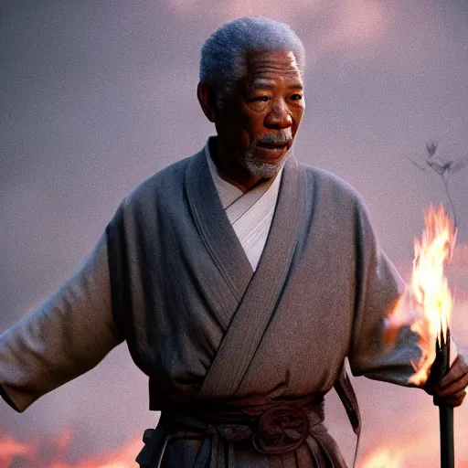 Image similar to cinematic film still of Morgan Freeman starring as a Samurai holding fire, Japanese CGI, VFX, 2022, 40mm lens, shallow depth of field, film photography