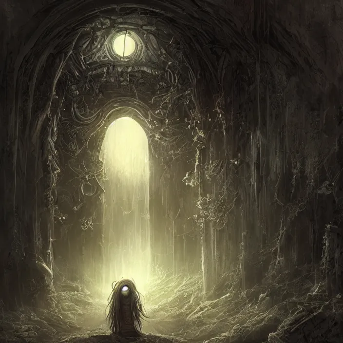 Image similar to gazing into the ominous dark etherial gate to the pitch black void, dark midnight, quiet and serene atmosphere, deviantart, concept art, intricate high detail masterpiece