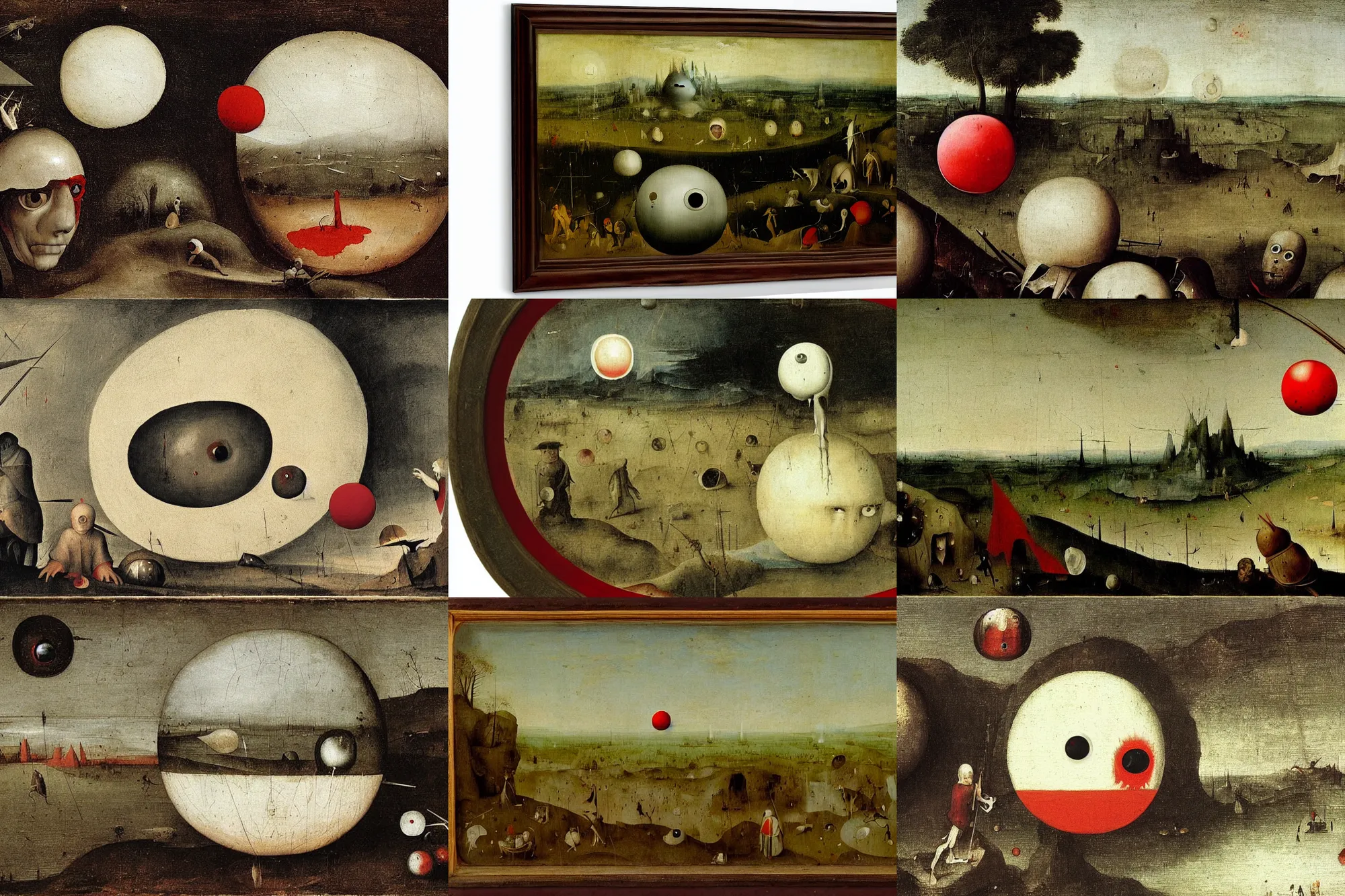 Prompt: 3 d white smooth sphere with a bleeding red eyeball and blood tears observing a desoalte landscape, by hieronymus bosch, landscape painting