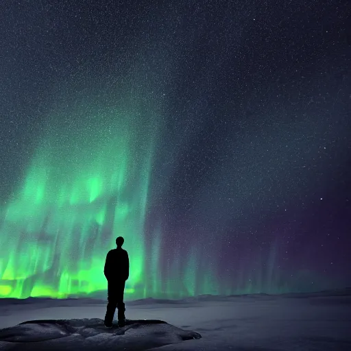 Image similar to 4K Epic Ultra HD detailed award-winning wallpaper silhouette of lonely man holding a flashlight looking at huge vast sky universe Milky Way aurora