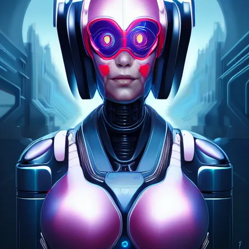Prompt: concept art portrait of an friendly and peacful cyberpunk robot, fine details, magali villeneuve, artgerm, rutkowski