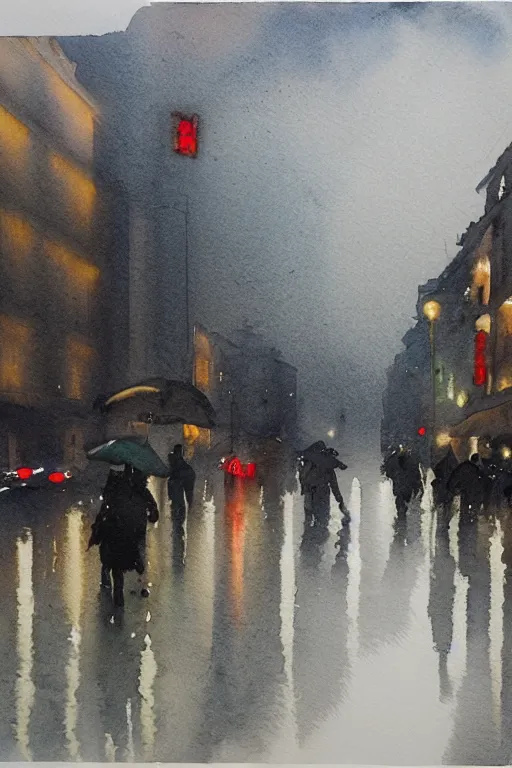 Image similar to A watercolor about the Bund in modern Shanghai, wet street, cloudy, gloomy, poignant, high contrast, smooth, by Joseph Zbikowicz, 8k