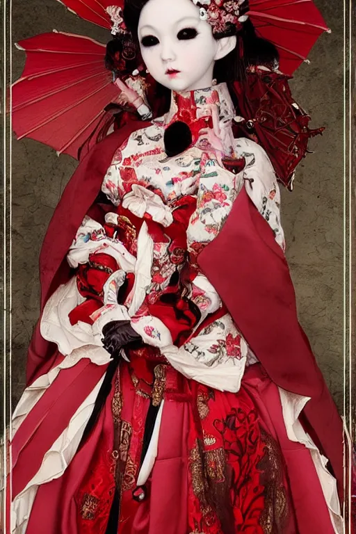 Image similar to album cover of an avant - garde japanese bjd geisha vampire queen with porcelain skin in victorian red dress in the style of dark - fantasy lolita fashion painted by yoshitaka amano, takato yamamoto, christopher shy, dmt art, symmetrical vogue face portrait, intricate detail, artstation, cgsociety, artgerm, gold skulls, rococo